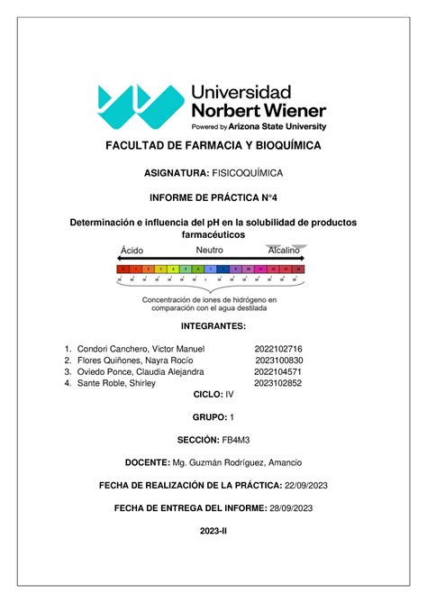 Informe 4 Fisicoquimica FACULTAD DE FARMACIA Y BIOQUÍMICA ASIGNATURA