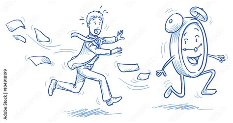 Running out of time - stressed business man chasing a clock. Hand drawn ...