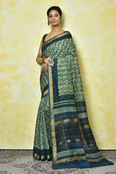 Buy Multi Color Pure Maheshwari Silk Hand Block Print Floral Stripe