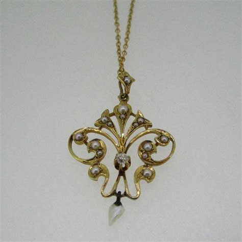 14k Yellow Gold Victorian Seed Pearl Diamond Necklace Gem