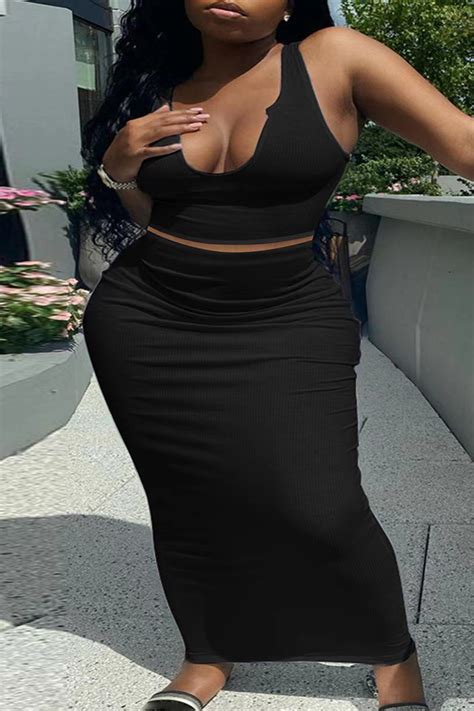 Wholesale Black Sexy Daily Solid U Neck Plus Size Two Pieces K78313 1