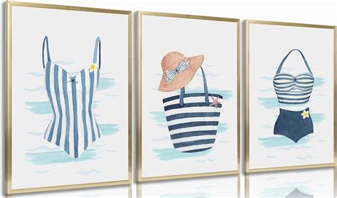 Coastal Blue Swimsuit Canvas Wall Art Summer Beach Bikini Swimsuit Posters Prints Paintings