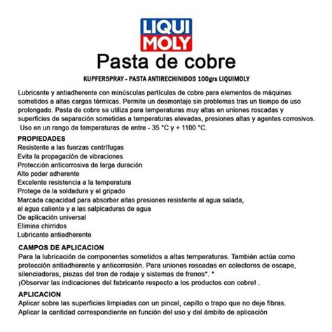 Pasta Antirrechinido Para Frenos Liquimoly Kupferspray Pzas Env O Gratis