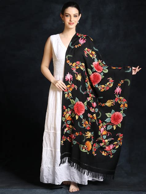 Moonless Night Floral Hand Aari Embroidered Pure Wool Stole From