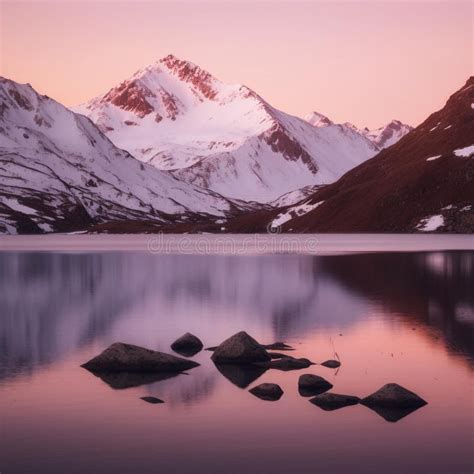 Serenity At Sunset Alpine Lake And Snow Capped Peaks Stock