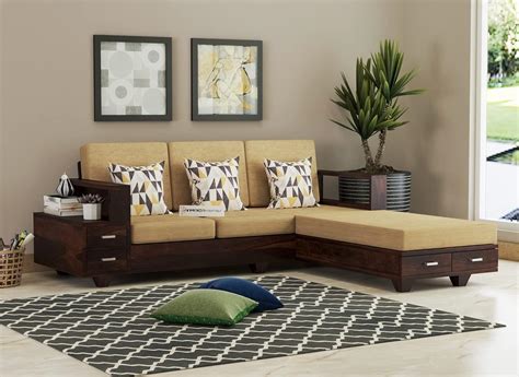 Furnesho Solid Sheesham Wood L Shape Seater Sofa Set For Living Room