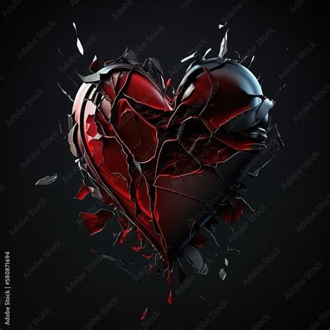 Design Of A Glass Heart Broken Into Pieces Isolated On Black