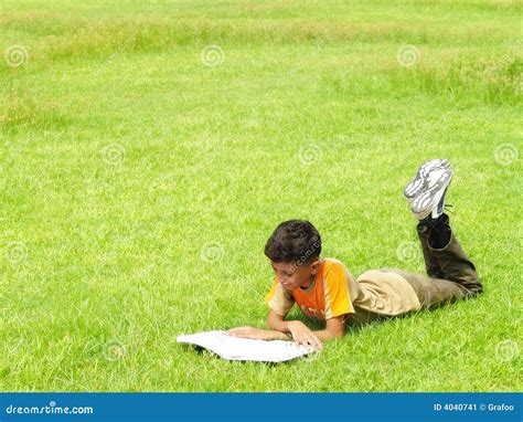 Boy reading outside stock image. Image of relaxed, reclined - 4040741