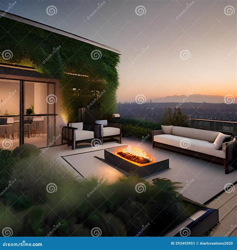 A Contemporary, Rooftop Garden with a Fire Pit, Lush Greenery, and