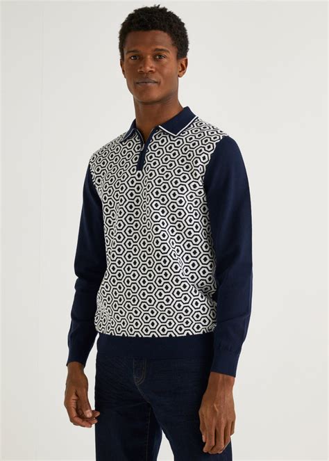 Navy Hexagon Long Sleeve Polo Shirt Matalan