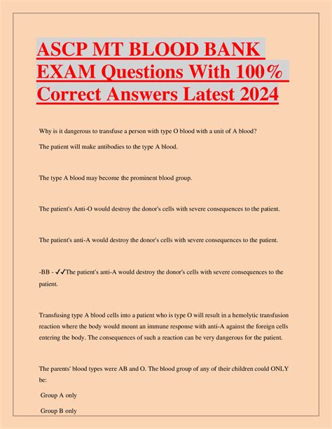 Ascp Mt Blood Bank Exam Questions With Correct Answers Latest