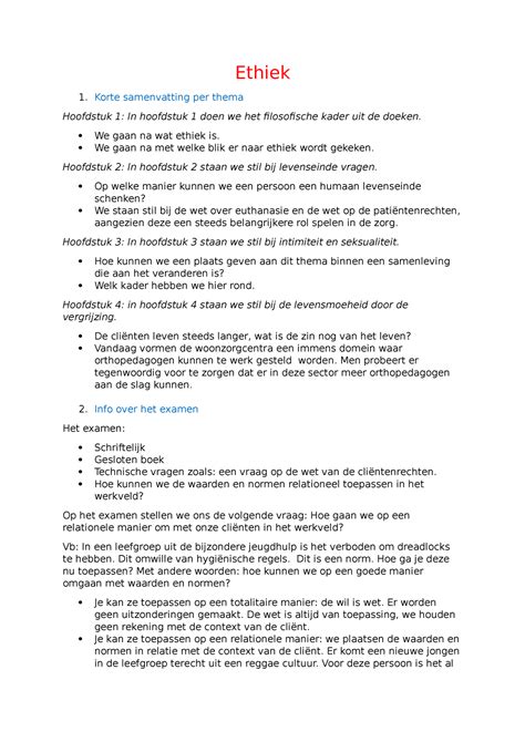 Samenvatting Ethiek Ethiek Korte Samenvatting Per Thema Hoofdstuk 1