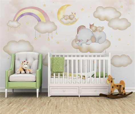 Papel De Parede Para Quarto De Beb Infantil Safari Arco Ris Ursinho