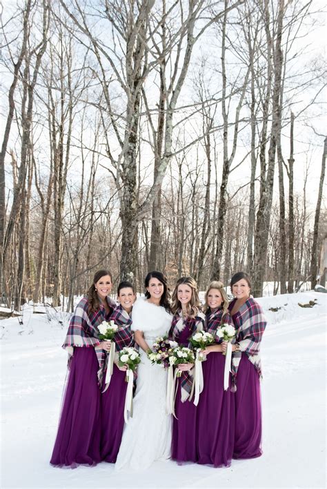 Plum Bridesmaid Dresses with Plaid Wraps