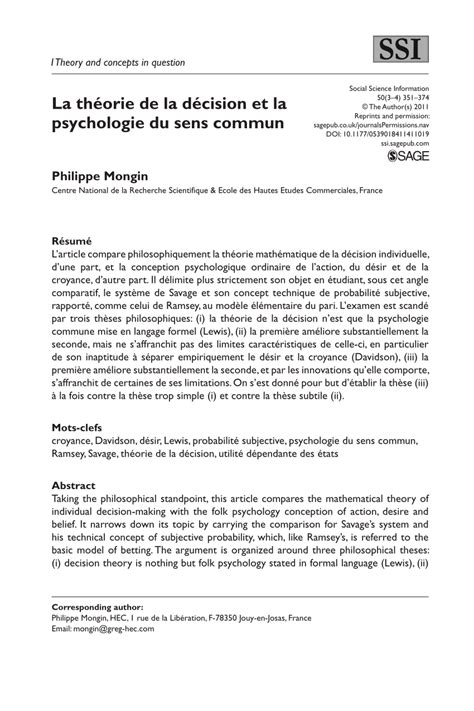 PDF La théorie de la décision et la psychologie du sens commun