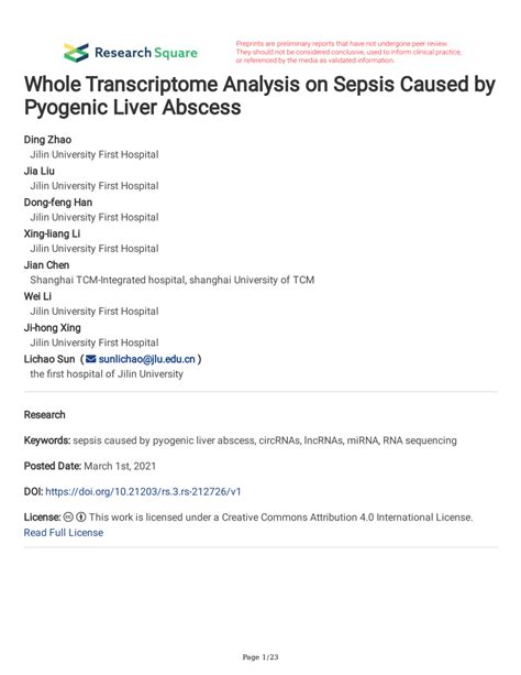 PDF Whole Transcriptome Analysis On Sepsis Caused By Pyogenic Liver