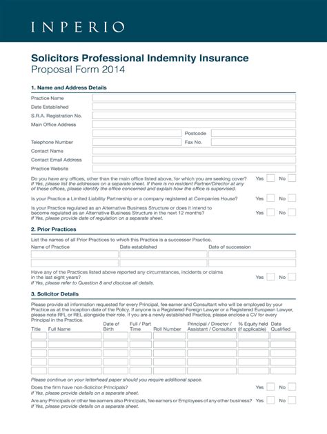 Fillable Online Solicitors Professional Indemnity Insurance Proposal