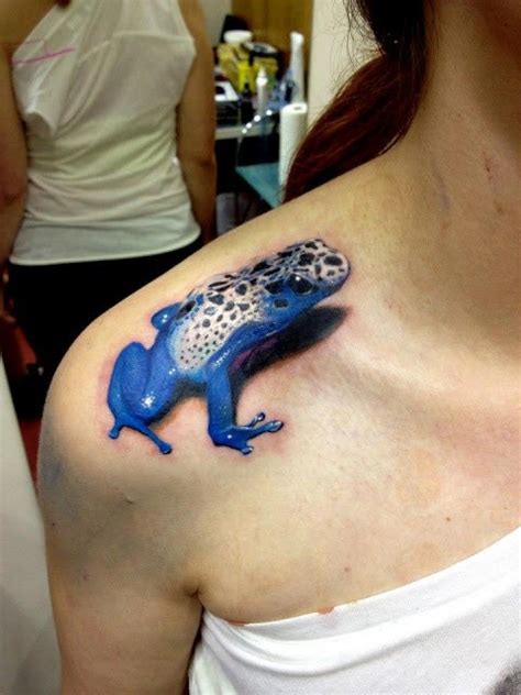 Beautiful Blue Poisonous Frog Tattoo On Shoulder Tattooimagesbiz