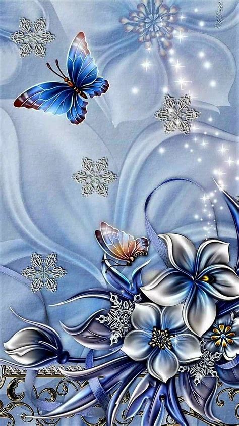 An Artistic Painting With Blue Flowers And Butterflies