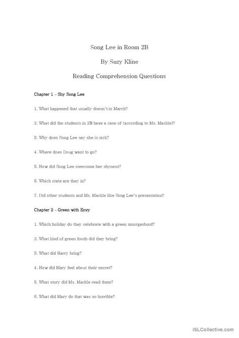 Song Lee In Room 2b Reading Comprehe English Esl Worksheets Pdf And Doc