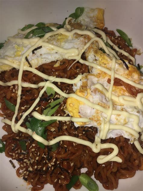 Samyang Hot Chicken Flavour Ramen With Fried Eggs Spring Onions And Kewpie Mayo R InstantRamen