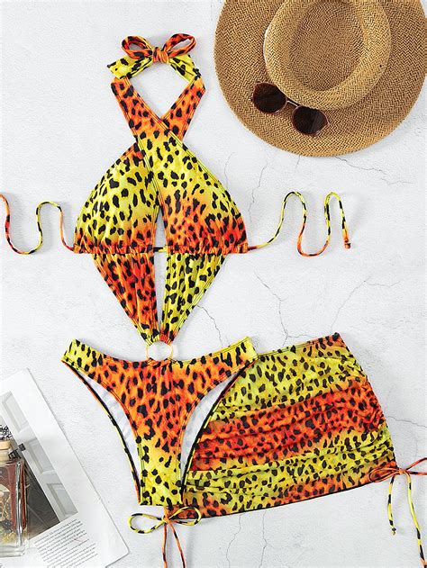 Shein Swim Sxy Leopard Print Criss Cross Halter One Piece Swimsuit With