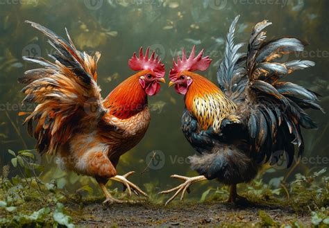 Cockfighting. Two roosters are fighting in a field. The roosters are