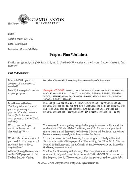 UNV 108 Purpose Plan Gen Ed Iiu87g8r Name Course UNV 108 O Date 10