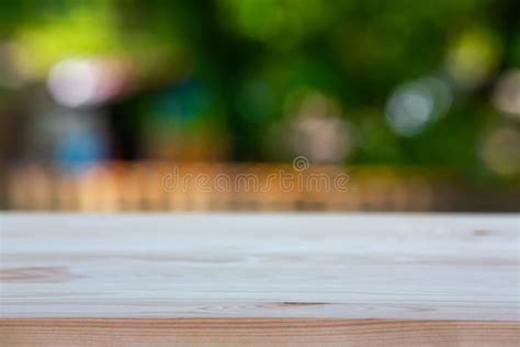 Empty Wooden Table Texture Green Garden Blurred Bokeh Background