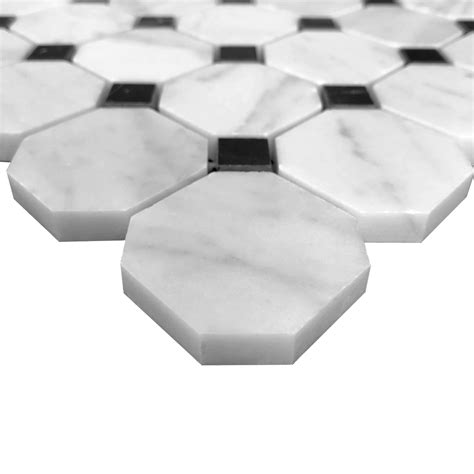 Carrara White Italian Marble Octagon Mosaic Tile With Black Honed