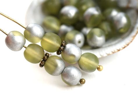 6mm Round Druk Beads Matte Olivine Silver Coating Olive Green Glass