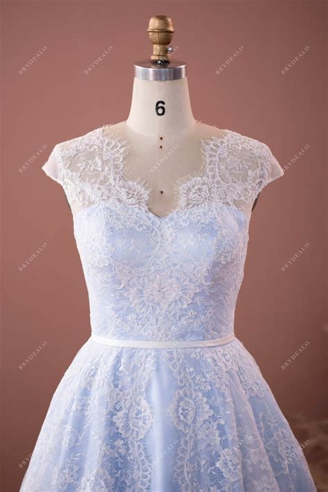 Tea-Length Lace Sky Blue Cap Sleeve Bridal Gown | Brydealo