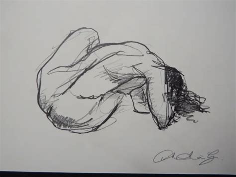 Original Expressive Pencil Drawing Sketch Of A Female Nude Seated Back