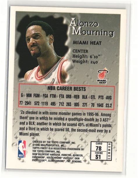 Alonzo Mourning 1996 97 Topps Finest Sterling 78 With Coating EBay