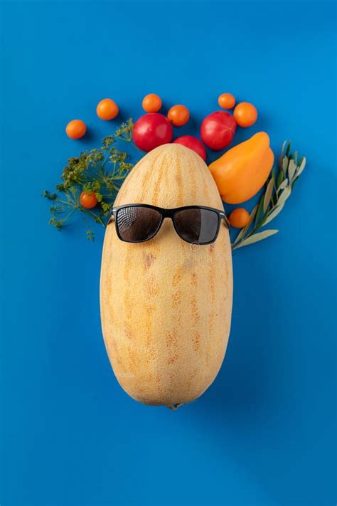 A Fruit Mix Made In The Shape Of The Head Wearing Sunglasses On A Melon Summer Holidays Concept