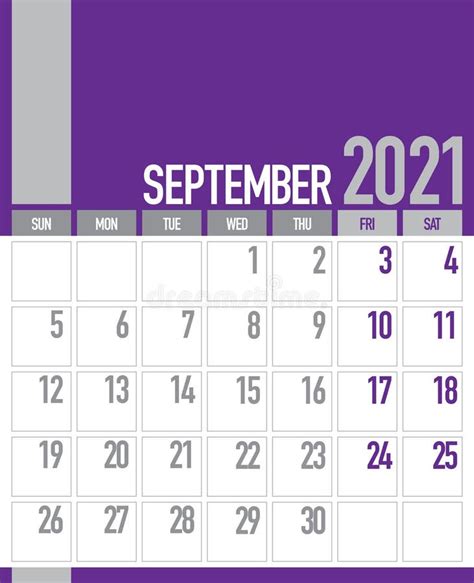 September 2021 Calendar Planner Design Template Stock Vector