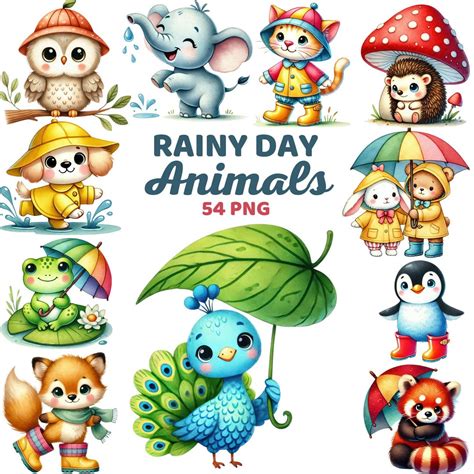 Rainy Day Animal Clipart, Watercolor Cute Spring Animals in Raincoats ...