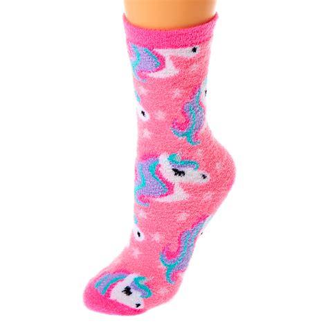 Miss Glitter The Unicorn Fuzzy Crew Socks Pink Claire S Us