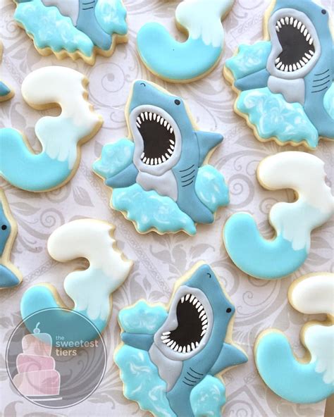 Ferocious Shark Birthday Cookies Splashing Sharks And Number 3