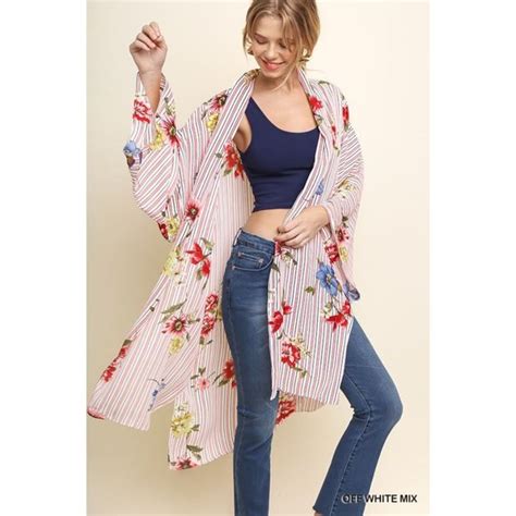 Umgee Kimonos And Yukatas Umgee Floral Striped Print Open Front Long