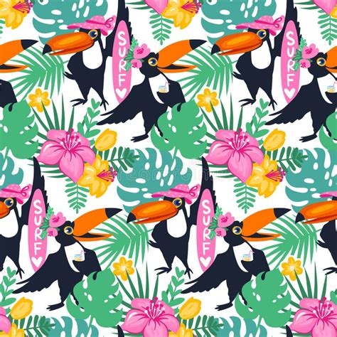 Vector Cartoon Tropical Seamless Pattern With Toucan Jungle Flo Stock