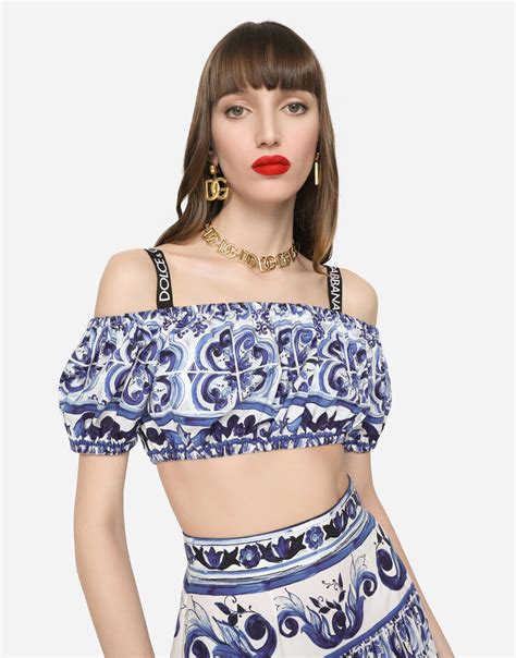 Majolica Print Poplin Crop Top In Multicolor For Women Dolceandgabbana®