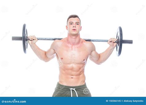 Muscular Man Working Out In Studio Doing Exercises With Barbell At Biceps Strong Male Naked