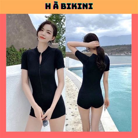 BKN 007 Đồ bơi nữ bikini đi biển một mảnh tay ngắn khóa kéo màu đen form shost sành điệu kín