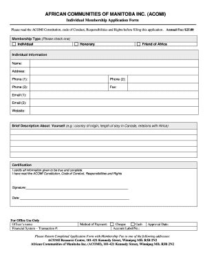 Fillable Online Individual Membership Application Form Acomi Fax