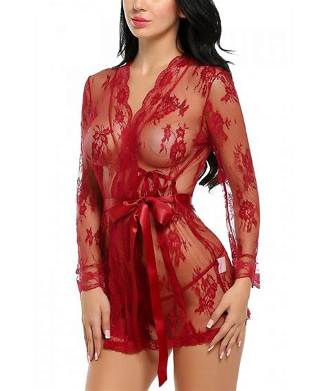 Women S Lace Kimono Sexy Nightgown Transparent Mesh Lingerie Dark Red CV QULOTK