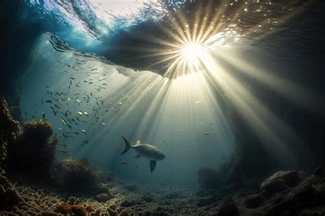 Vista submarina con rayos de sol y peces de fondo cinemático Foto Premium