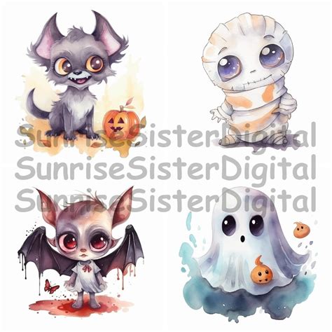 Adorable Halloween Clipart-cute Spooky Halloween-watercolor Clipart ...