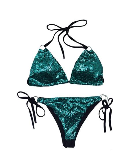 Women S Pcs Triangle Swimwear Sexy Sequin Bling Bikini Swimsuit Set Green C Mzm