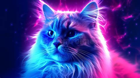 Psychedelic Neon Cat Realistic Fantasy Artwork With Bioluminescent Fur Stock Illustration